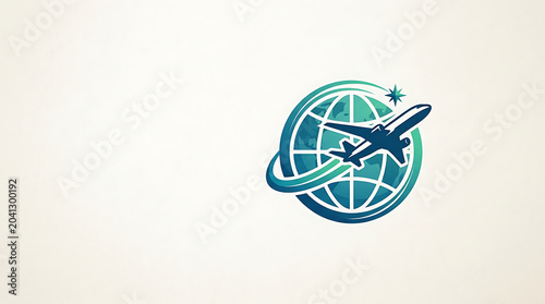 Global travel and aviation logo with airplane and earth globe