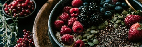 Quinoa porridge is topped with a variety of fresh berries and seeds. This breakfast is shown in natural sunlight, highlighting its texture