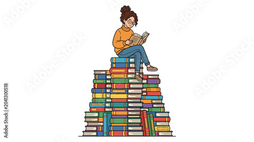 Young woman sitting on a large stack of books reading a book with a smile
