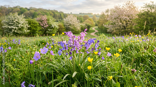 Vibrant field of wildflowers bathed in golden sunlight a picturesque landscape.