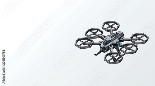 Futuristic hexacopter drone with camera on clean white background