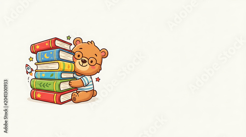 Teddy bear wearing glasses hugging a colorful stack of books