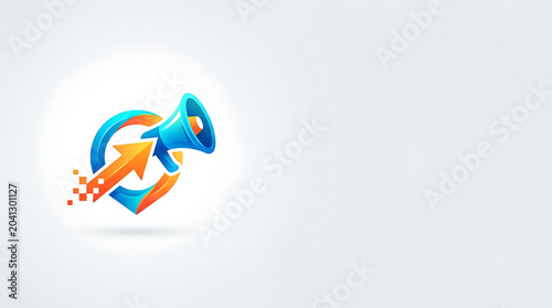 Digital marketing icon with megaphone and rising arrow on white