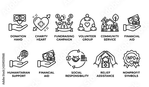 Modern charity and donation editable stroke icon set volunteer and fundraising vector isolated on white background