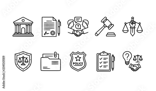 Modern justice and law line icon set legal consultation and court vector isolated on white background