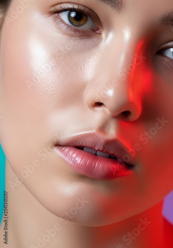 A close-up view showcasing a luminous complexion and smooth glass skin texture with soft natural lip tones and refined facial features, pores, jawline, face