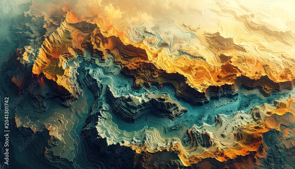 Obraz premium Abstract aerial view of layered canyon, with colorful rock formations