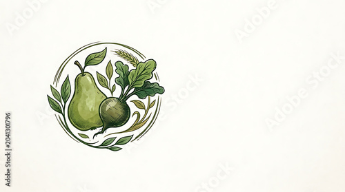 Vintage organic food emblem with pear and radish illustration