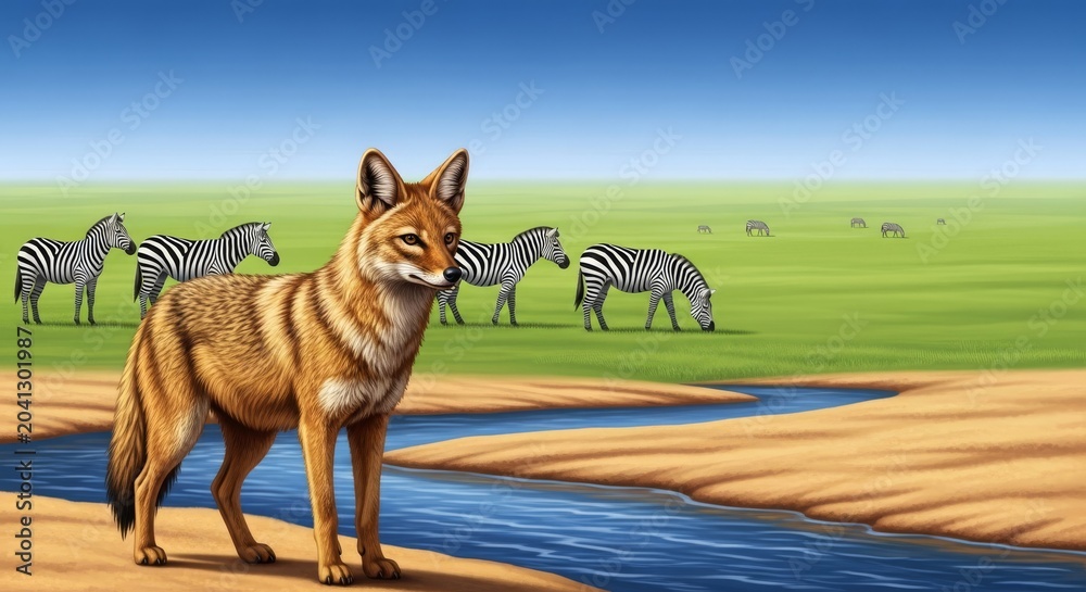 Obraz premium A golden jackal stands alert on the bank of a curving blue stream while a herd of striped zebras grazes peacefully in the green savanna, herbivore, striped, alert