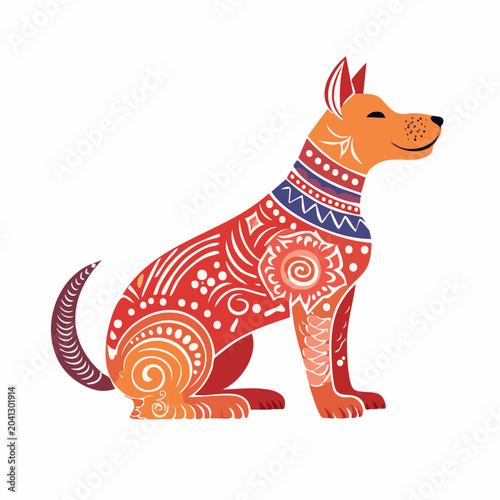 Stylized Dog Illustration with Folk Art Patterns