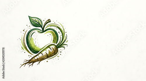 Artistic hand drawn green apple and carrot with copy space