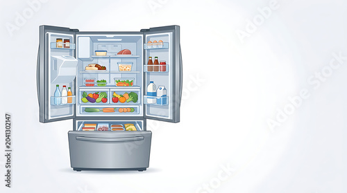 Open modern refrigerator filled with fresh healthy food and drink