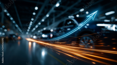 Automotive Industry Growth: A sleek car drives through a modern factory or showroom, with a dynamic neon blue arrow symbolizing upward growth and progress, all rendered with a high-tech.