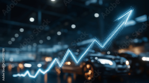 Automotive Growth Chart: A dynamic upward trend graph in neon blue illuminates the interior of a modern dealership or factory, showcasing significant progress and success in the automotive industry.