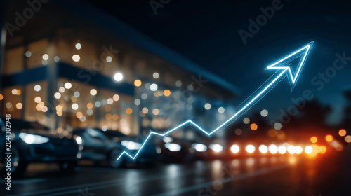 Automotive Industry Growth: A dynamic blue line graph indicating an upward trend overlays a blurred nighttime scene of a modern car dealership.