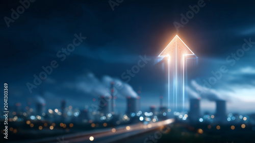 Industrial Growth Arrow: A glowing neon arrow pointing upwards signifies progress and expansion against a backdrop of a blurred industrial cityscape with smoking chimneys at dusk.