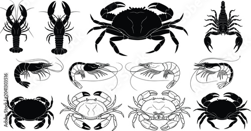 Foto Crab Lobster Shrimp and Scorpion Vector Collection with Seafood Crustaceans Mari