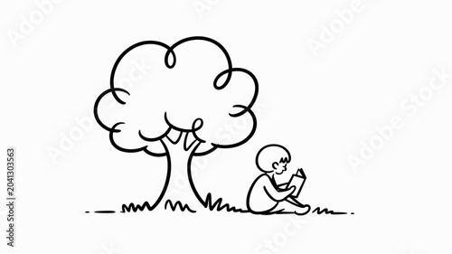 Foto child sitting under big tree, peaceful countryside scene with young child relaxing beneath wide leafy branches, nature inspired illustration for childhood and education themes