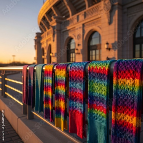 Vibrant knit scarves rest side by side in a waiting line outside a grand sports arena during a glowing golden hour before a major event, soft, arena, line