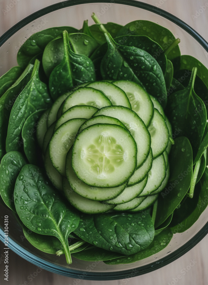 Fototapeta premium Cucumber slices rolled into rose shape inside glass bowl with spinach