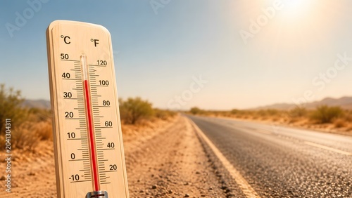 Thermometer on dusty road during severe summer heat and drought