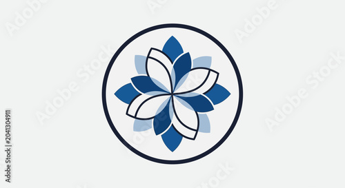 Stylized blue and white floral design in a circular frame.