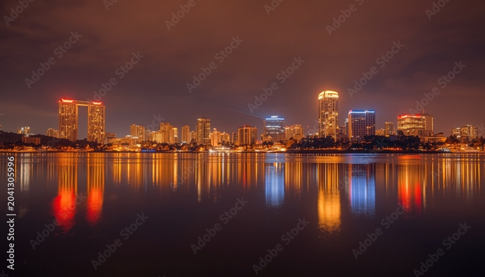 Fototapeta premium An urban landscape at dusk, with buildings illuminated in neon lights reflecting on the waters of a tranquil lake, creating a contrast between the city and nature.