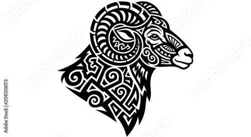 Black and white ram head illustration.