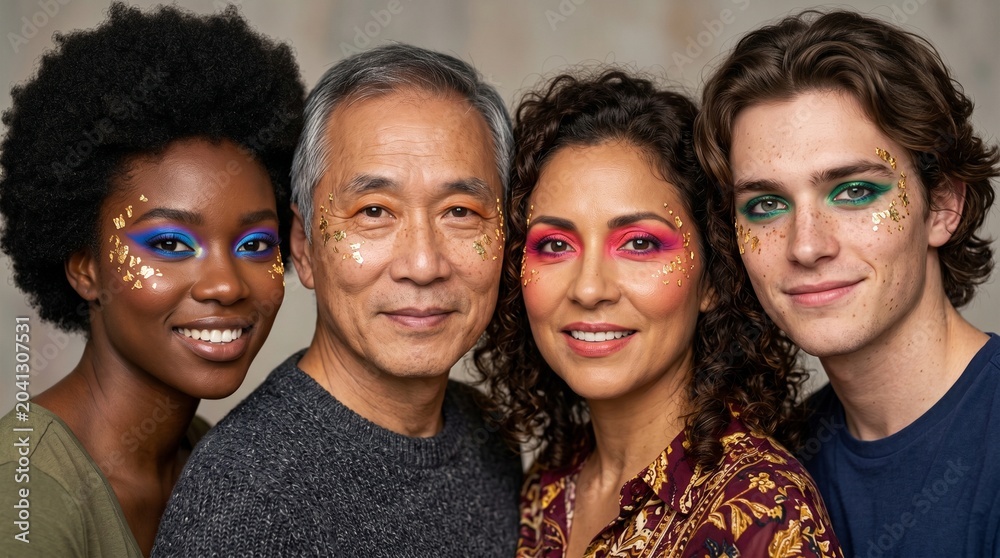 Fototapeta premium Diverse group of people with creative editorial makeup and gold leaf accents