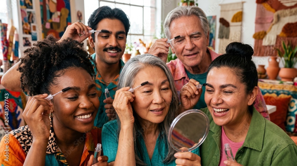 Obraz premium Diverse group of people grooming eyebrows together with brushes and mirrors