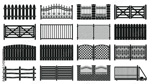 Collection of diverse black fence and gate icons featuring various styles like wooden planks metal grilles brick pillars and wire mesh for modern architectural design projects