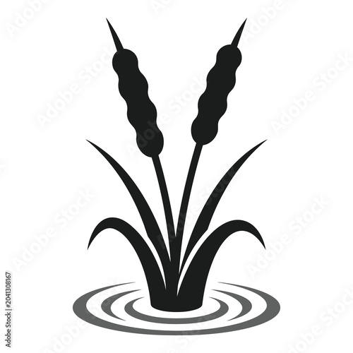 Black silhouette of cattail plant growing in water with ripples icon