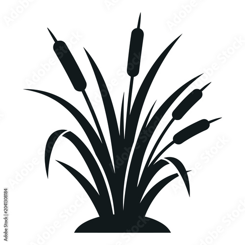 Black silhouette of cattail plant with leaves and seed pods isolated on white background icon
