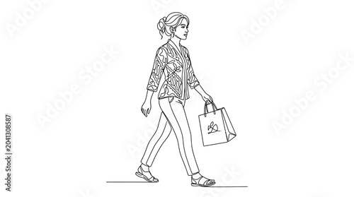 Billede på lærred Woman Walking with Shopping Bag, Line Art Illustration