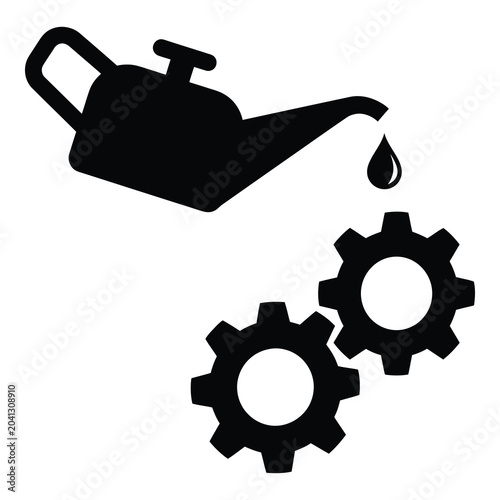 Oil can pouring oil onto interlocking gear wheels for lubrication and machinery maintenance icon
