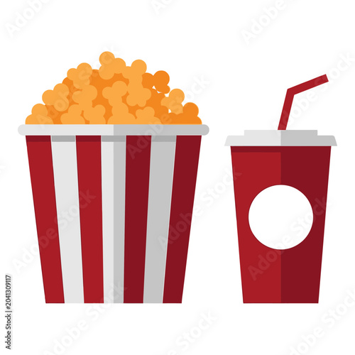 Red and white striped popcorn bucket with soda cup on white background icon