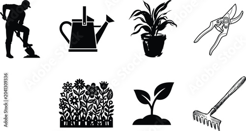 Tableau sur toile Professional gardening icons and silhouettes set featuring gardener watering can