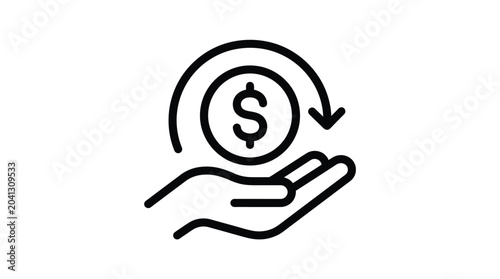 Minimalist black outline icon showing a circular arrow rotating around a dollar coin held in an open palm representing financial refund savings or investment return