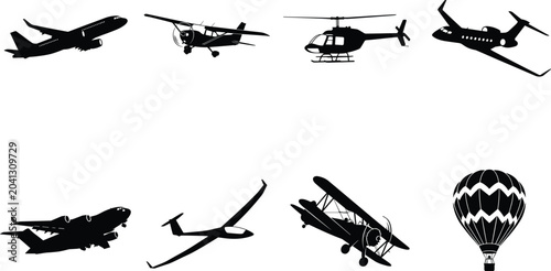 Foto Vector silhouettes of various aircraft including commercial airliner helicopter