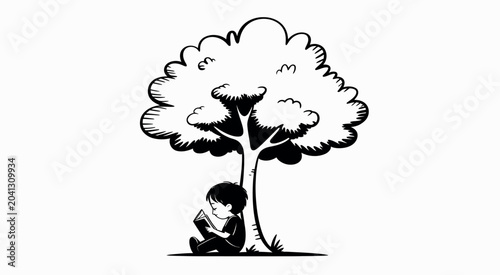 Photos solitary person under leafy tree, calm and emotional nature illustration featuring quiet outdoor moment, minimalist artwork for introspection, loneliness and peaceful lifestyle themes