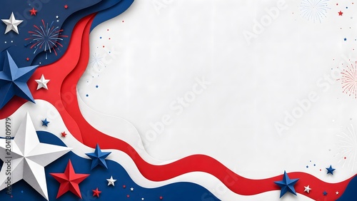 Abstract Red White and Blue Wavy Ribbons with 3D Stars for USA Independence Day Festive Background, Patriotic Celebration Greeting Border, and Papercut Layered Artwork