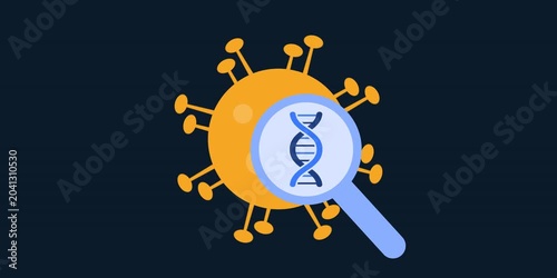 Virus structure with digital bracket scanning element. Genome sequencing and pathogen analysis concept scene. Medical research technology graphic. Clean interface element detail.