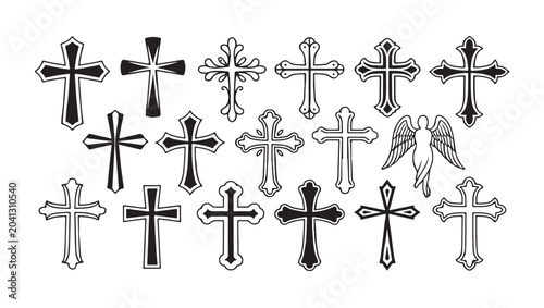 Foto Christian cross collection including angel silhouette and decorative spiritual art vector