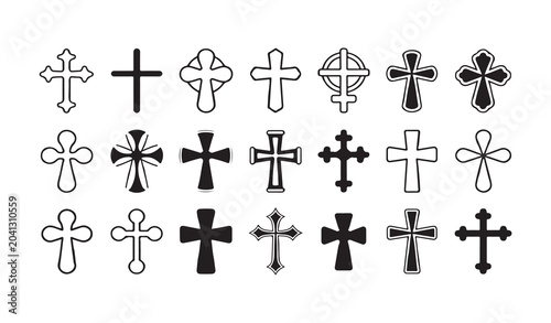 Foto Set of various cross icons in both solid and outline styles for religious design