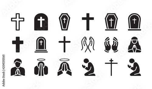 Εκτύπωση καμβά Collection of religious and funerary icons including crosses, tombstones, and praying figures