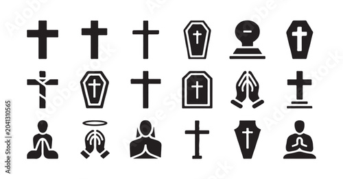 Φωτογραφία Assortment of religious and funerary icons featuring crosses, coffins, and praying people