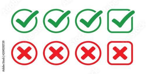 Fotografie Collection of green check mark and red x mark icons, various styles in circles and squares