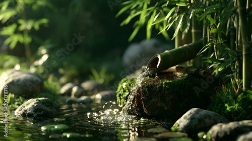 Water flows from a bamboo spout onto moss covered stones in a tranquil zen garden on a sunny day creating a relaxing and peaceful scene.