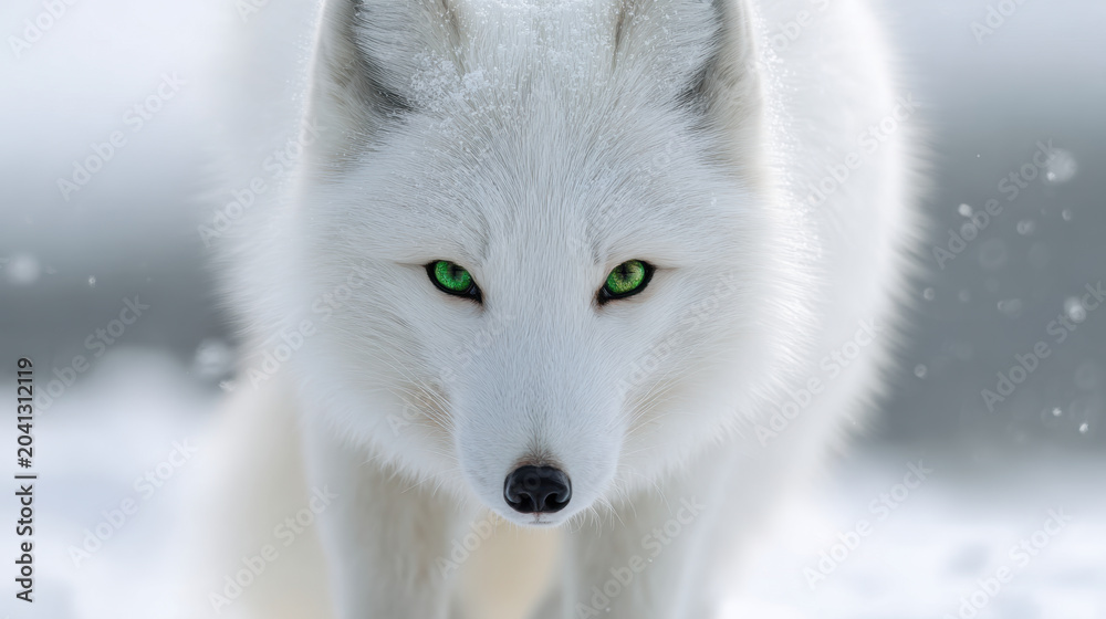 Naklejka premium White fox green eye snowy fur winter animal cold landscape wildlife portrait white fur snowstorm arctic animal alert gaze