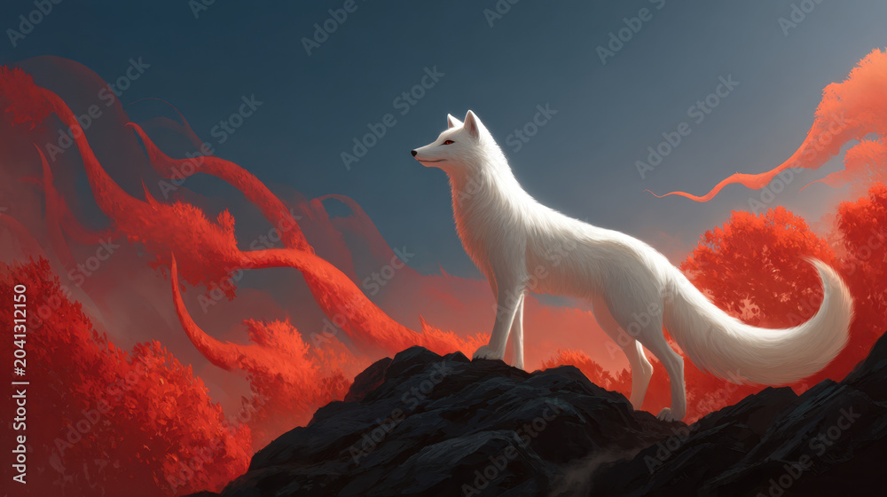 Naklejka premium White fox on mountain peak fantasy animal red forest dramatic sky long tail mystical scene digital illustration ethereal light